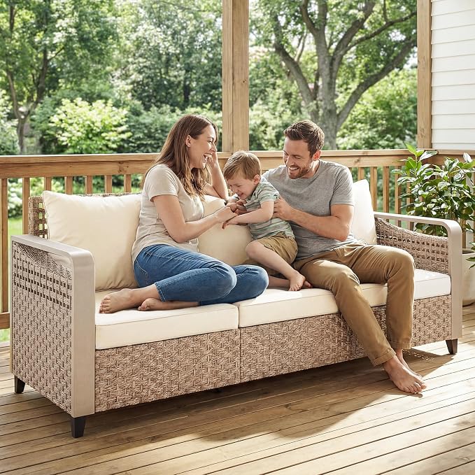 Outsunny Outdoor Patio Couch with Wide and Deep Seat, 3 Seater Wicker Outdoor Sofa with Wide Metal Armrests, Patio Furniture Couch with Cushions for Porch, Garden, Backyard, Beige