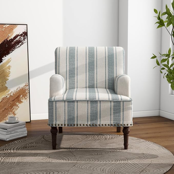 Accent Chair, Mid Century Modern Comfy Armchair for Living Room, Linen Fabric Single Sofa Lounge for Reading Bedroom Apartment Waiting Room with Wood Legs (Blue Stripe, Set of 1)