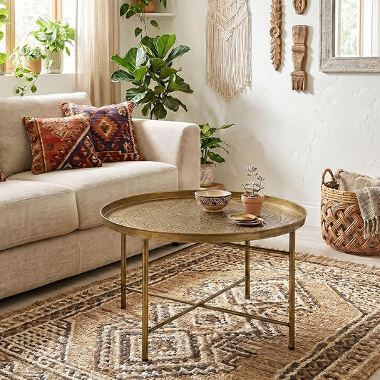 HOMCOM 24" Round Coffee Table with Hammered Tray Top, Vintage Metal Center Table for Living Room, Bedroom, Side Table, Gold