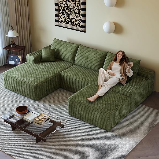37.4 Inch Oversized Ottoman for Couch, Corduroy Upholstered Footrest with Compressed Memory Foam, Modular Sectional Cloud Pouf, No Assembly Required, DIY Combination, Green