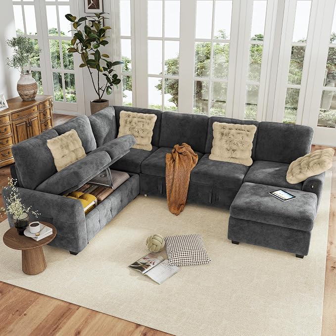Hanherry Sectional Couch with Pull Out Sofa Bed,Chenille Sleeper Sofa with Storage Ottoman & USB Charging,Comfy L Shaped Modular Couches for Living Room,Apartment