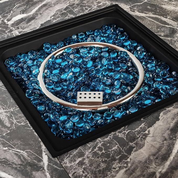 32" Propane Gas Fire Pit Table, 50,000 BTU Square Outdoor Fire Pit with Ceramic Tile Top & Glass Wind Guard, Steel Patio Fire Table with Lid, Blue Glass Beads & Rain Cover, Gray