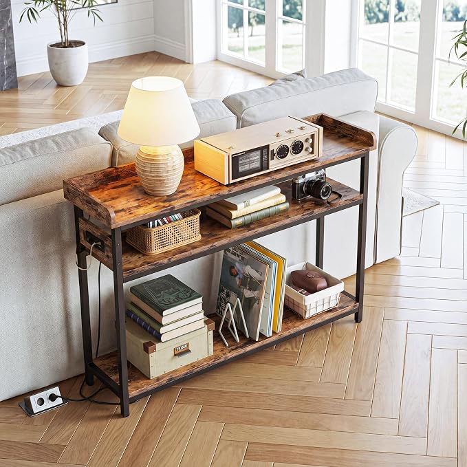 IRONCK Console Table, Sofa Table with Power Outlet, Farmhouse Hallway Table for Entryway, Living Room, Height Adjustable, Easy Assembly, Rustic Brown, 43"