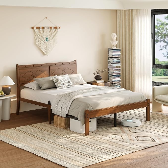 RLDVAY Queen Bamboo Platform Bed, Mid-Century 14" Queen Bed Frame, Walnut Bed Frame Queen Size with Solid Headboard/Footboard, Sturdy Metal Slats Support, No Box Spring Needed, Easy Assembly