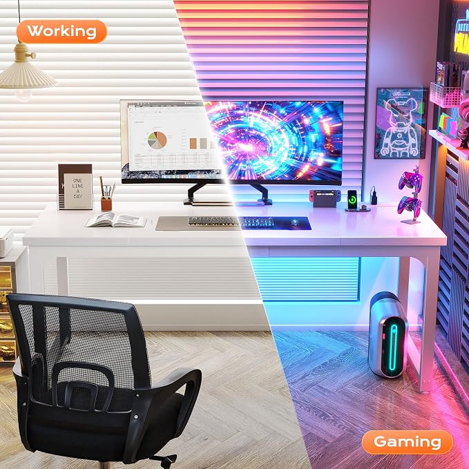 Huuger 63 x 24 inch Desk with Power Outlets & USB-C, Deeper & Thicker Desktop, Robust Metal Tubes, Computer Desk, Heavy Duty Office Desk, Work Gaming Desk, for Home Office, White