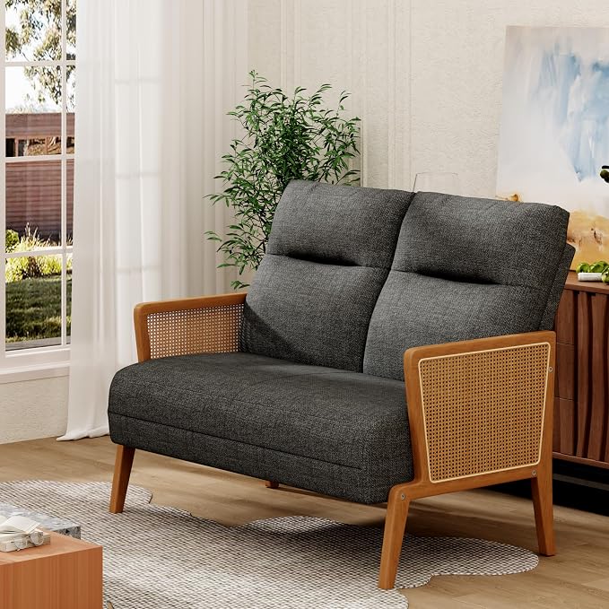 Love Seat Settee Mini Couch Upholstered Sofa with Natural Rattan Armrest Backrest Couch Bench Loveseat for Living Room Bedroom Grey