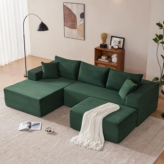Mangodan 110” Cloud Sectional Couch, Modular Sectional Sofa with Deep Seat, Boneless Sofa for Living Room, Fluffy Comfy U-Shaped Couch with Left Facing Chaise, No Assembly Required, Green