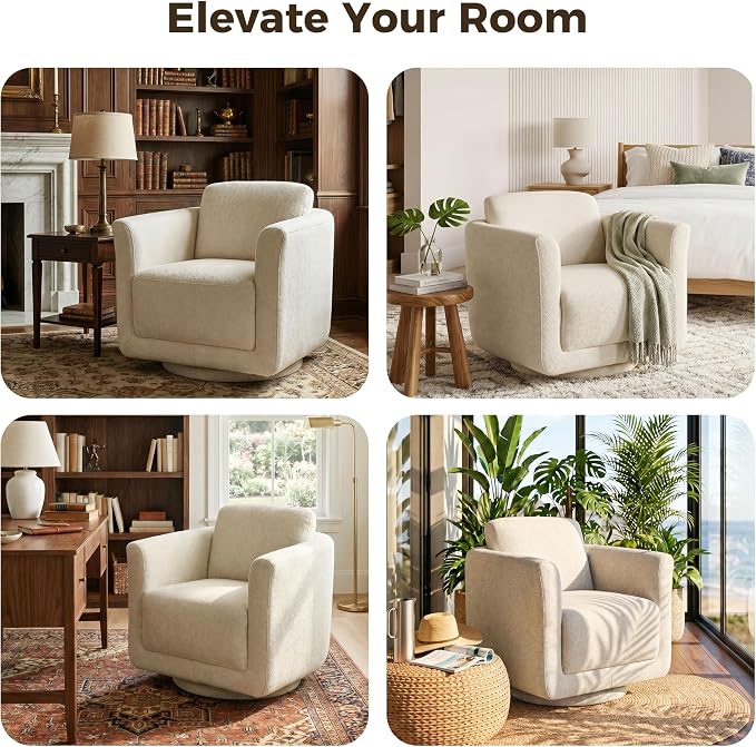 Swivel Accent Chair, 360° Barrel Chair with Solid Wood Frame & Removable Ergonomic Support Back Cushion, Fully Assembled Chenille Armchair for Living Room & Bedroom, Linen