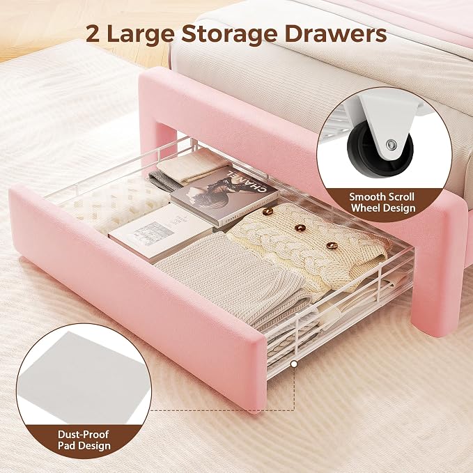 Twin LED Bed Frame with Storage Headboard & 2 Storage Drawers, Princess Velvet Upholstered Bed with Vertical Tufted Headboard Design for Girls, USB & Type-C Charging Ports, Wooden Slats Support, Pink
