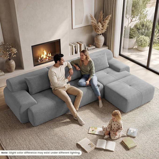 GRUSIGN 108'' Modular Sectional Boneless Couch, Tufted Cloud Sectional Couches for Living Room, L Shape Deep Seat Sofa with Ottoman & 3 Throw Pillows,Corduroy Oversized Couch,Light Grey