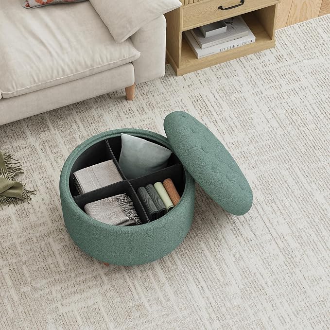 25Inch Round Ottoman with Storage, Tufted Fabric Modern Circle Ottoman with Reversible Tray Lid and Wood Legs, Multi-Functional Small Coffee Table for Living Room, Bedroom, Green