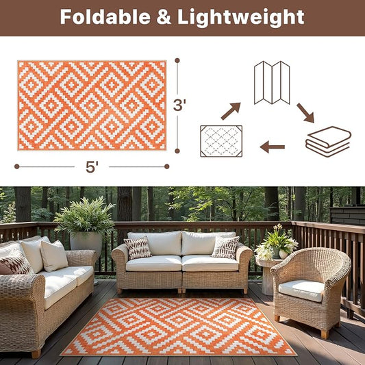 GENIMO Outdoor Rug for Patio Clearance, 3'x5' Indoor Area Rug, Waterproof Reversible Fall Doormat, Outside Camping Carpet for Porch, Living Room, Balcony, Deck, Bedroom, Picnic, White Orange