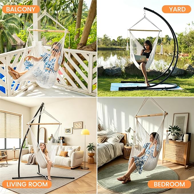 Lazy Daze Hammocks Hanging Swing Chair Caribbean Rope Weaving Chair with 40" Hardwood Spreader Bar and Soft-Spun Cotton Rope, Hammock Chair for Indoor, Outdoor, Backyard, Max 300 LBS, White