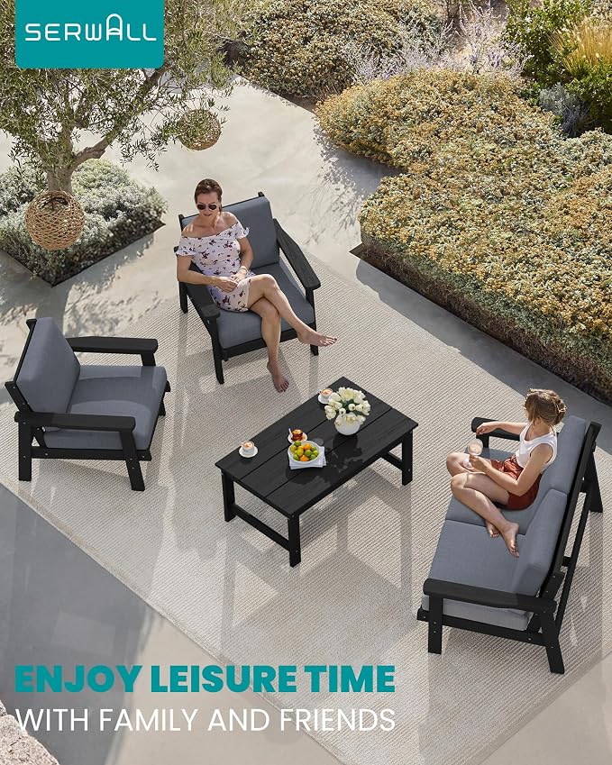 SERWALL HDPE Outdoor Couch, Black Frame and Grey Cushion