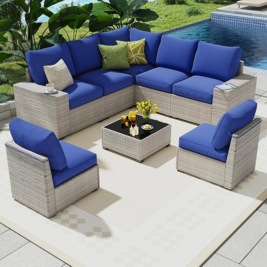 olimix 8 Piece Outdoor Patio Furniture Set, Outdoor Sectional Furniture, Rattan & Wicker Modern Modular Conversation Set Sofa Couch W/Water Resistant Washable Thick Cushions and Coffee Table, Blue