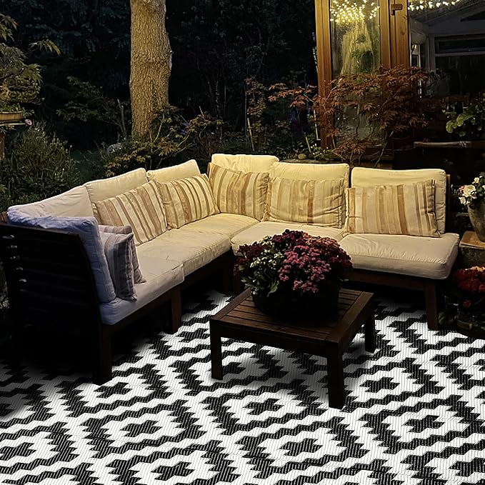 SAND MINE Waterproof Outdoor Rug 6x9 ft, Reversible Mats, Modern Area Rug, Large Floor Mat and Rug for Outdoors, RV, Patio, Backyard, Deck, Picnic, Beach, Trailer, Camping, Black & White Lattice