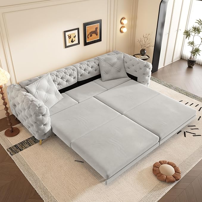 97.7" Convertible Queen Sleeper Sofa with Ottoman - Button Tufted Pull Out Sofa Bed, Velvet King Size Couch Bed & Vintage Deep Seat 4-Seater Couch for Small Spaces, Apartment & Living Room, Light Grey | Button Tufted