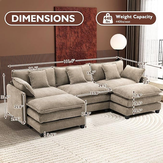 Ihanherry 111.4" U Shaped Modern Sofa Modular Sectional Luxurious and Comfortable with 2 Ottoman, 5-Seat Chenille Deep Seat Sofa with Pillow for Living Room, Bedroom and Apartment, Sand