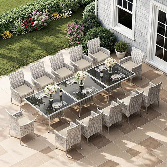 15-Piece Patio Dining Set, Patio Furniture Set with Square Tempered Glass Table & 12 Wicker Chairs, Expandable Design for Larger Groups, Outdoor Furniture for Backyard, Deck, Garden, Beige