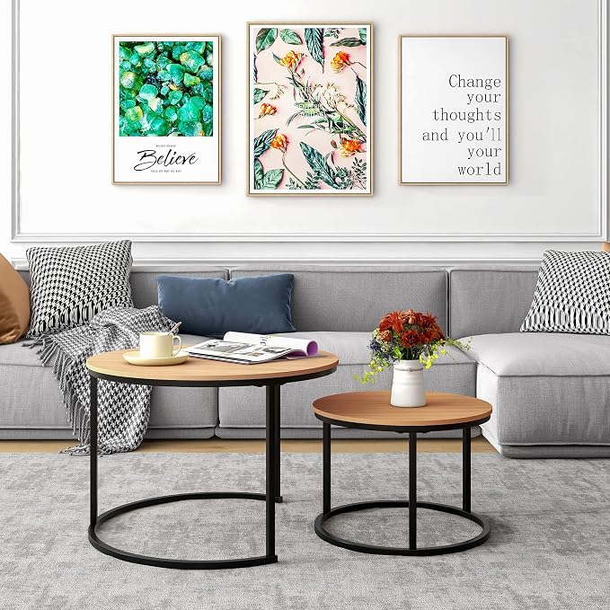 HOJINLINERO Round Coffee Table,Nesting Coffee Table Set of 2,Center Tables for Living Room,Office, Home Small Space,Stacking Side Tables,Sturdy and Easy Assembly,Wood Desktop,Black+Teak OAKDK,Large