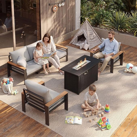 Aoxun Patio Furniture Set, Aluminum Patio Set with Fire Pit Table and 5" Thicken & Washable Cushion, Waterproof Outdoor Furniture, Outdoor Couch Sectional for Backyard (5 Seats/F, Grey)