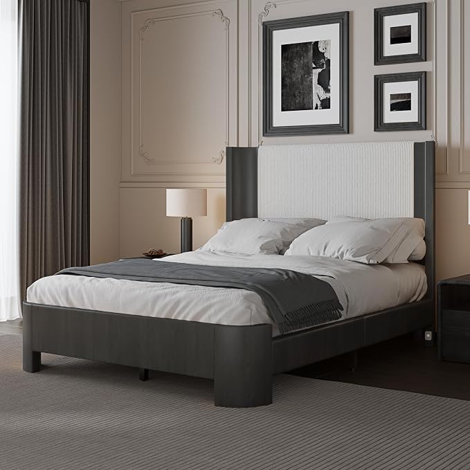Full Size Upholstered Platform Bed Frame with Wingback Headboard, Motion-Sensing LED Lights, Sturdy Slats, Mattress-Lock Footboard, PU Leather,No Box Spring Needed, Easy Assembly, Dark Grey Oak