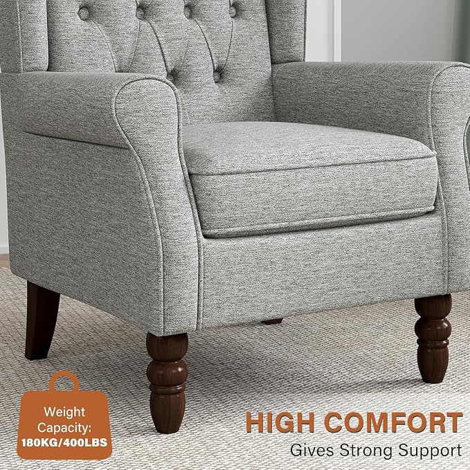 Wingback Accent Chairs Set of 2, High Back Arm Chair for Living Room, Button-Tufted Upholstered Fabric Armchair with Solid Wood Legs, Comfy Single Sofa Reading Chair for Bedroom, Light Gray