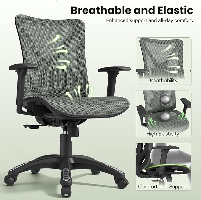 Ergonomic Office Chair, Mesh Computer Desk Chairs with Adjustable Lumbar Support, 3D Armrests, Tilt Function, Comfy Wide Seat, Swivel Executive Work Task Chair for Company and Home