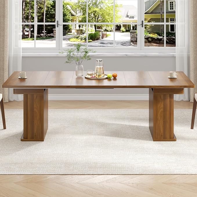 39-94 inch Extendable Dining Room Table for 4-10, Rectangle Expandable Long Kitchen Table with Double Tier Storage, Fluted Sliding Doors, Modern Square Dinner Table, Living Room, Farmhouse, Walnut