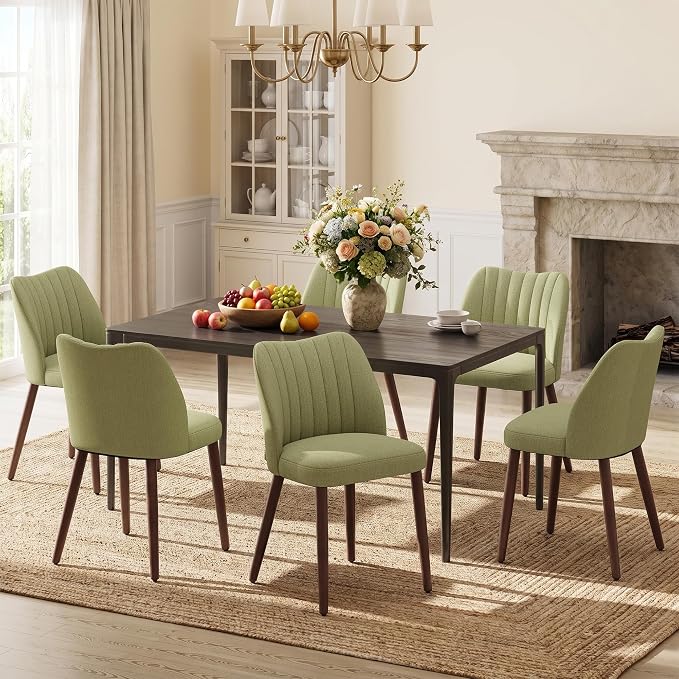 Upholstered Dining Chairs Set of 6, Modern Fabric Dining Chairs with Curved Backrest & Solid Rubber Wood Legs, Padded Kitchen Dining Room Chairs for Restaurant Cafe, Green