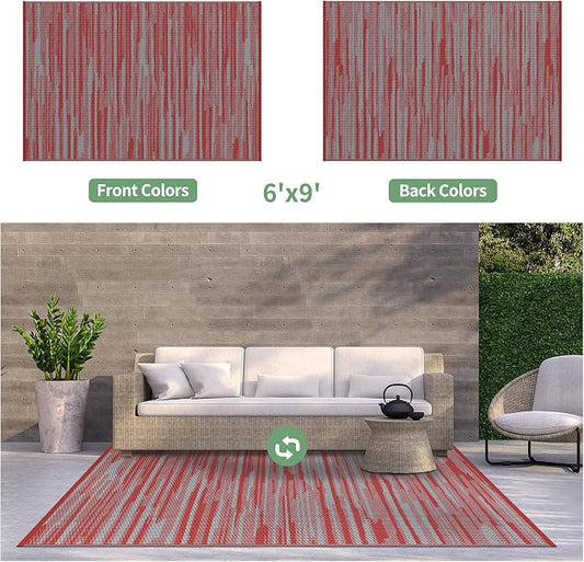 GENIMO Outdoor Rug for Patio Clearance, 6'x9' Waterproof Camping Mat, Reversible Plastic Straw Rugs for RV, Camper, Balcony, Backyard, Picnic, Deck (Red Grey)