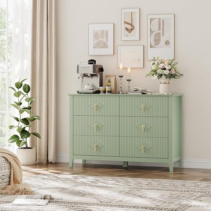 GarveeHome Fluted Dresser for Bedroom, 47.2 Inch Wide 6-Drawer Wood Dresser, Modern Chest of Drawers, Storage Organizer Cabinet for Living Room, Hallway, Entryway, Green