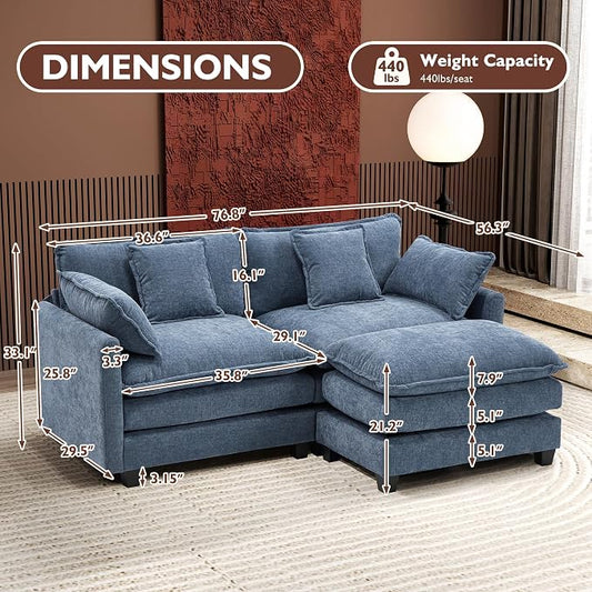 Ihanherry 77" L Shaped Modern Sofa Modular Sectional Cloud Couch with Ottoman, 3-Seat Chenille Deep Seat Sofa with Pillow for Living Room, Bedroom and Apartment, Blue