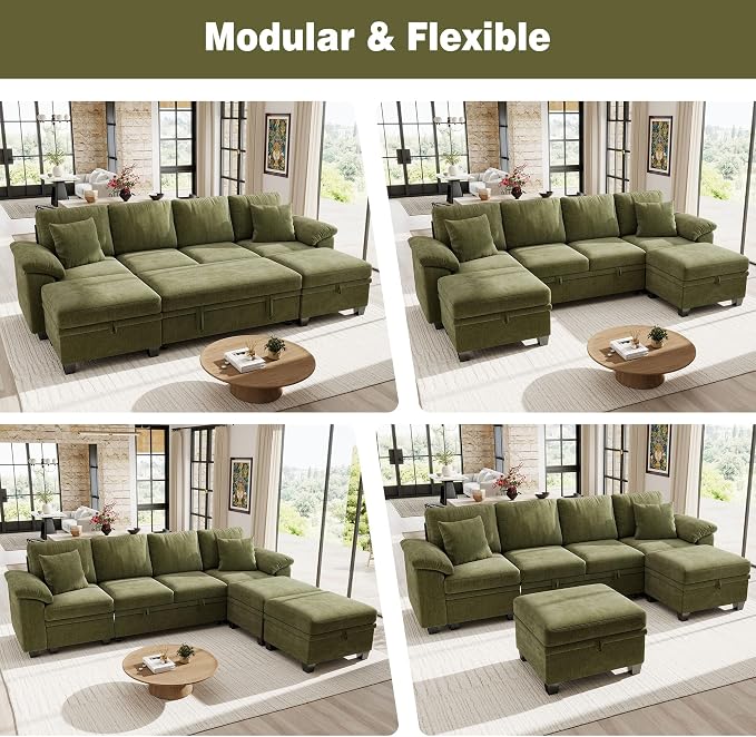 Ihanherry 108" Modular Sectional Sofa with Pull Out Bed, 6-Seater U Shaped Sectional Sleeper Couch with Storage Ottoman, Chenille Convertible Couches for Living Room, Apartment (Green)