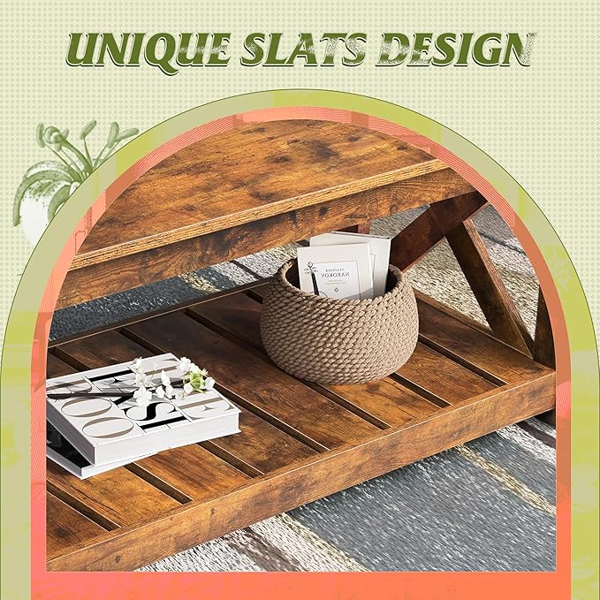 WLIVE Farmhouse Coffee Table for Living Room, 40.1" Rustic Center Table with X-Frame Support & Storage Shelf, 2-Tier Wood Coffee Tables for Bedroom & Balcony, Rustic Brown