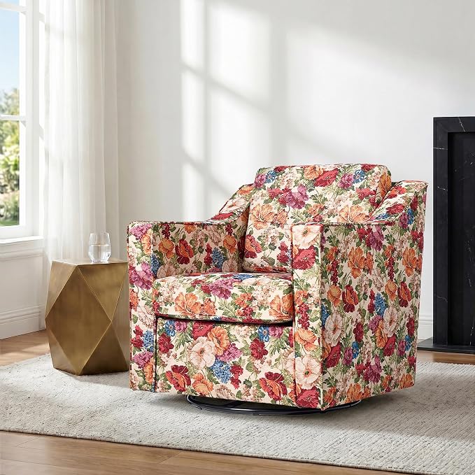 Swivel Accent Chair, Modern Round Barrel Arm Chair for Living Room, Bedroom, Comfy Club Reading Chairs for Adults (Beige Floral, Set of 2)
