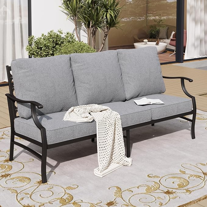 SUNSHINE VALLEY Metal Patio Sofa with 5.75" Extra Thick Waterproof Cushion, 3-Seater High-Back Outdoor Couch All Weather Outdoor Seating for Backyard Deck Front Porch, Gray