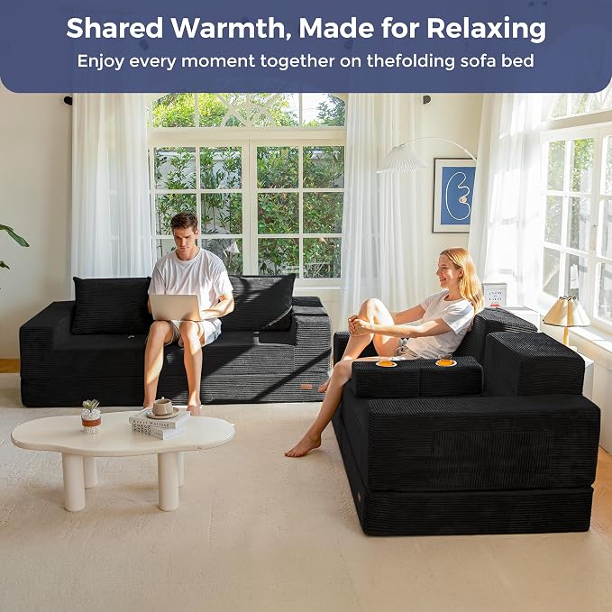 MAXYOYO Convertible Sofa Bed, 80" Oversized Boneless Loveseat Couch 4 in 1 Foldable Floor Sofa Couch in A Box with 2 Cup Holders, Folding Chair for Living Room, No Assembly Required, Black