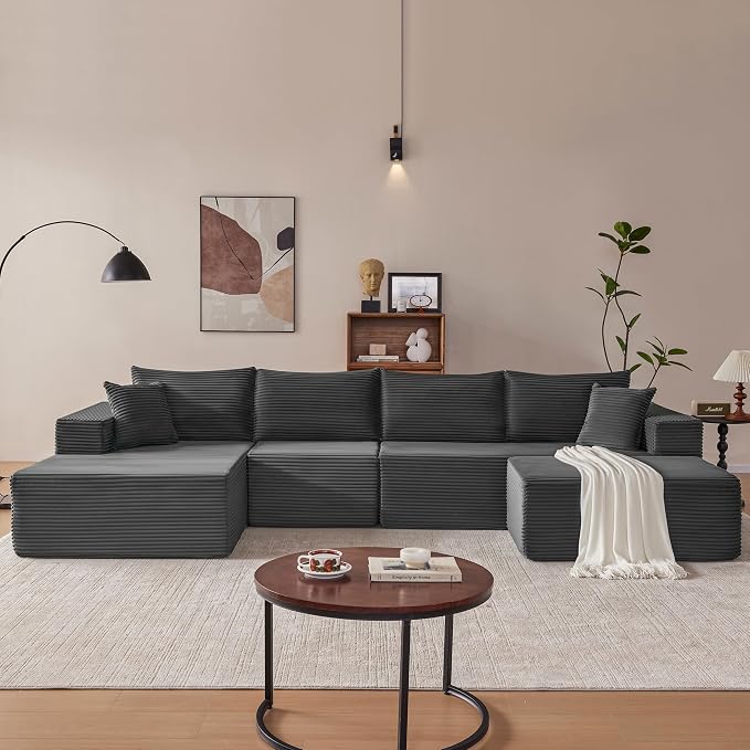 Mangodan 140” Cloud Sectional Couch, Modular Sectional Sofa with Deep Seat, Boneless Sofa for Living Room, Fluffy Comfy U-Shaped Couch with Left Facing Chaise, No Assembly Required, Grey