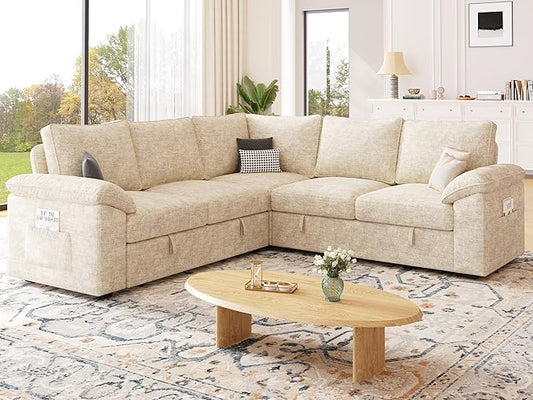 85 Inch Modular Sectional Sofa with Pull Out Bed, L Shaped 5 Seat Sectional Sleeper Sofa with Storage, Sectional Couches for Living Room, Cloud Modular Couch, Removable Sofa Cover, Beige
