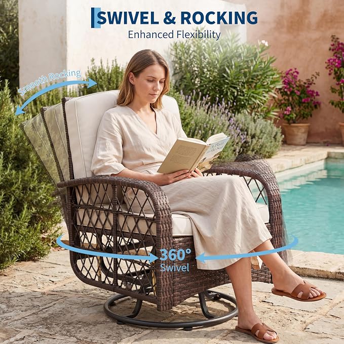 3 Pieces Patio Furniture Set, Outdoor Swivel Glider Rocker Set w/Washable Cushion and Tempered Glass Tabletop, Conversation Furniture for Deck Porch Balcony Backyard Garden,Brown & Beige