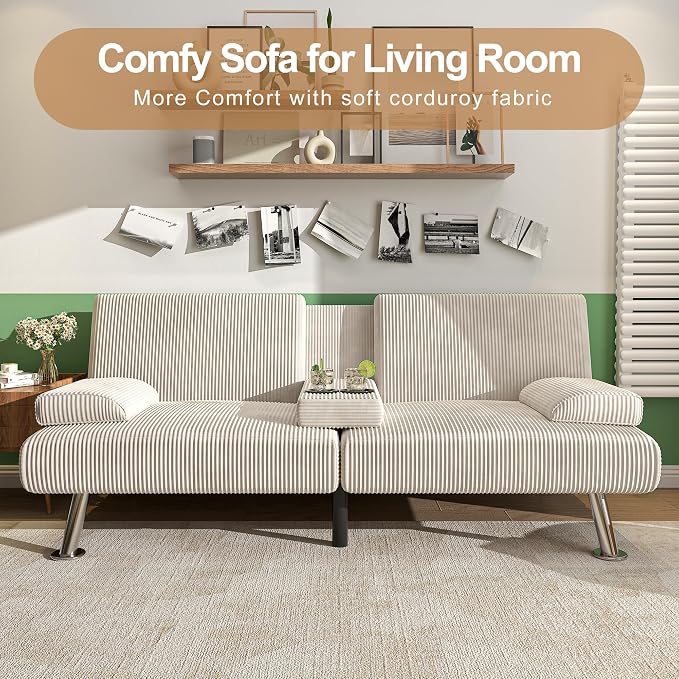 Shahoo Modern Upholstered Convertible Folding Futon Sofa Bed with Removable Armrests, Metal Legs, 2 Cup Holders for Living Room, Beige