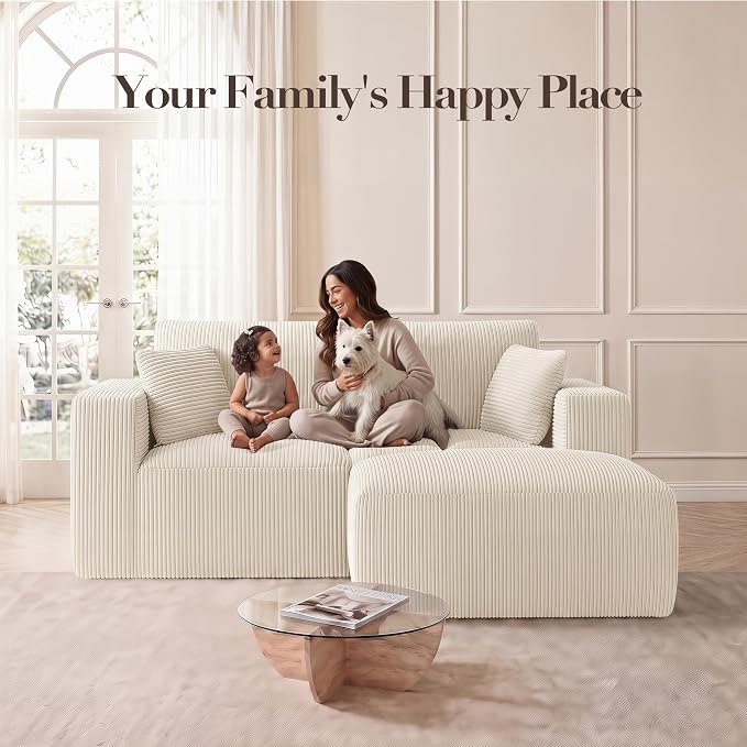 Modular Sectional Sofa with Ottoman, L-Shaped Cloud Couch, 79" Memory Foam Boneless Loveseat with Chaise, No Assembly Required Corduroy Frameless Sofa for Small Living Room Apartment Home Decor, Beige