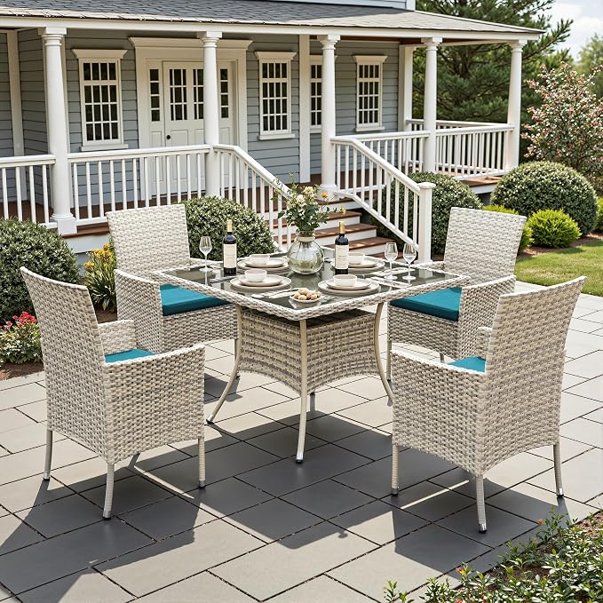 5-Piece Patio Dining Set, Patio Furniture Set with Square Tempered Glass Table & 4 Wicker Chairs, Expandable Design for Larger Groups, Outdoor Furniture for Backyard, Deck, Garden, Turquoise