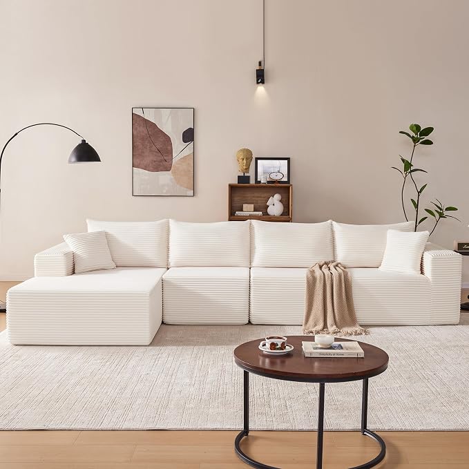 Mangodan 140” Cloud Sectional Couch, Modular Sectional Sofa with Deep Seat, Boneless Sofa for Living Room, Fluffy Comfy L-Shaped Couch with Left Facing Chaise, No Assembly Required, Beige