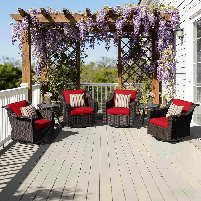 6 Pieces Patio Conversation Furniture Set - 4 Swivel Chairs, 2 Side Tables, Outdoor Wicker Furniture with Removable Cushions for Porch, Sunroom (Red)