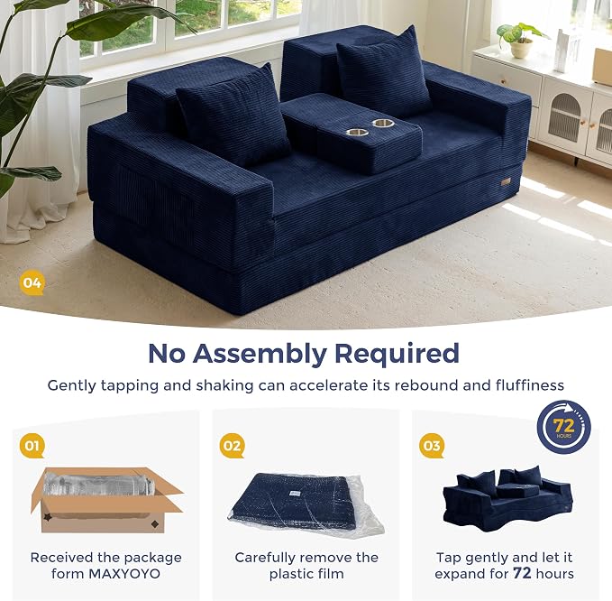 MAXYOYO Convertible Sofa Bed, 80" Oversized Boneless Loveseat Couch 4 in 1 Foldable Floor Sofa Couch in A Box with 2 Cup Holders, Folding Chair for Living Room, No Assembly Required, Navy