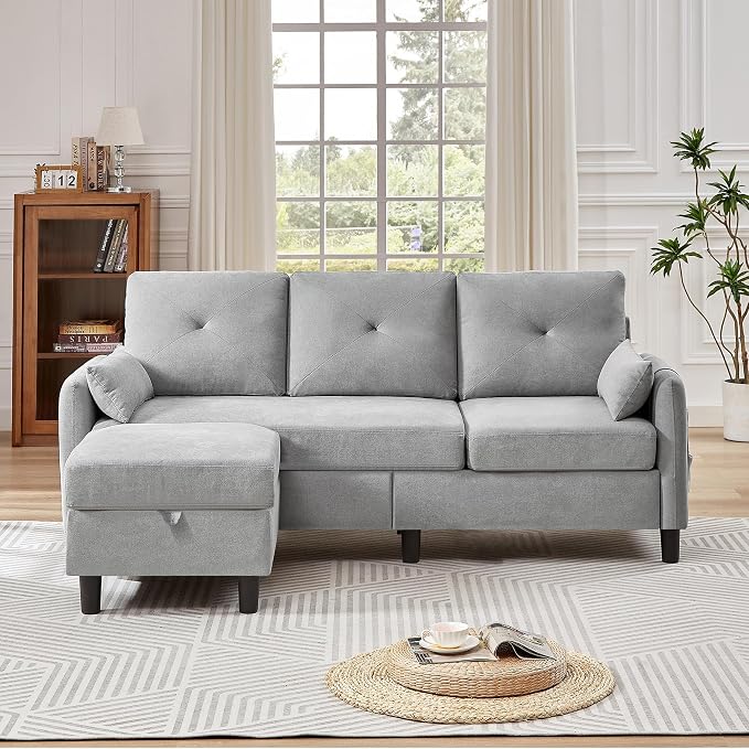 Convertible Sectional Sofa, 77" Small L Shaped 3 Seat Couch with Reversible Storage Chaise, Modern Polyester Fabric Sofa Couches for Living Room, Apartment and Small Space