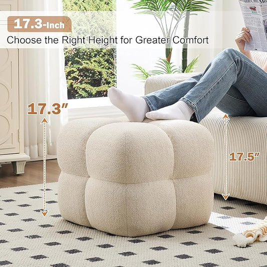 Zesthouse Square Pouf Ottoman, Modern Vanity Chair Backless for Bedroom, Beige Linen Stool Seat Foot Rest, Upholstered Poofy Footstool for Couch, Fabric Ottoman Coffee Table for Living Room