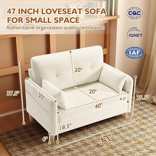Urhanherry 47" Small Sofa Couch, Soft Chenille loveseat Mini Couch with Throw Pillow and Removable Cushion Cover for Small Spaces, Bedroom, Apartment, Dorm, Office, Living Room(Beige)